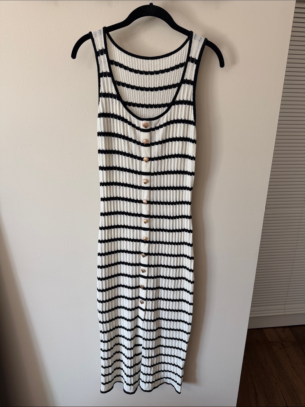 Commense Black & White Striped Button-Front Midi Dress